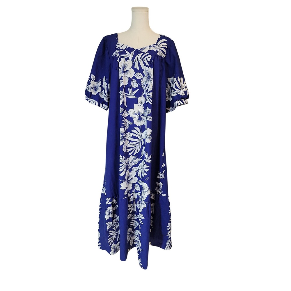 Floral Hawaiian Muumuu Dress Blue White‎ Hibiscus Tropical Maxi Sun Dress